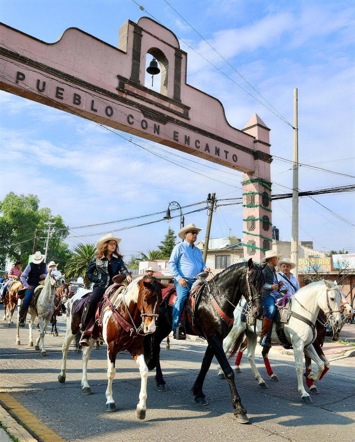 Osvaldo Cortes en la cabalgata bajo el arco de Pueblo con Encanto